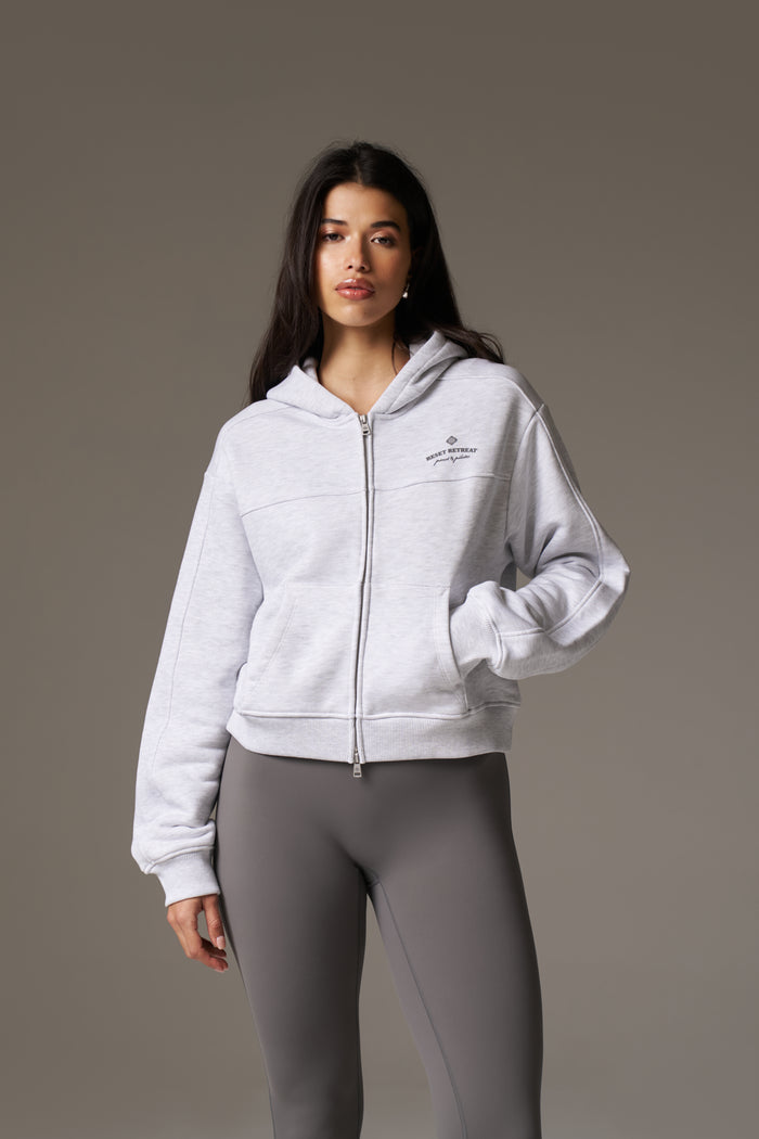 PILATES & PINOT ZIP THROUGH CROPPED HOODIE - GREY MARL