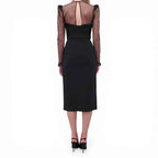 REBECCA VALLANCE BLACK DRESS WITH CRYSTAL NECKLINE AND SHEER POLKA DOT DETAIL - SIZE US 4