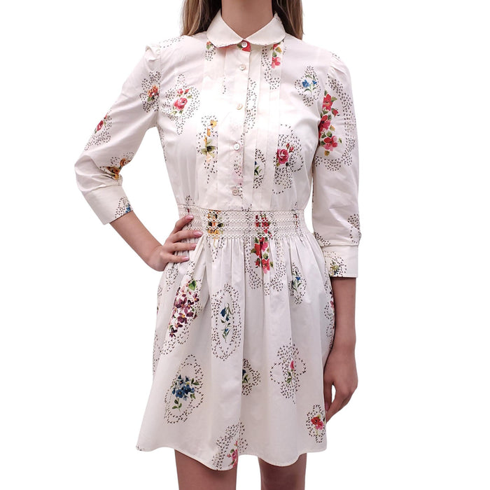 RED VALENTINO WHITE CINCH-WAIST DRESS WITH FLORAL PRINT - SIZE 42