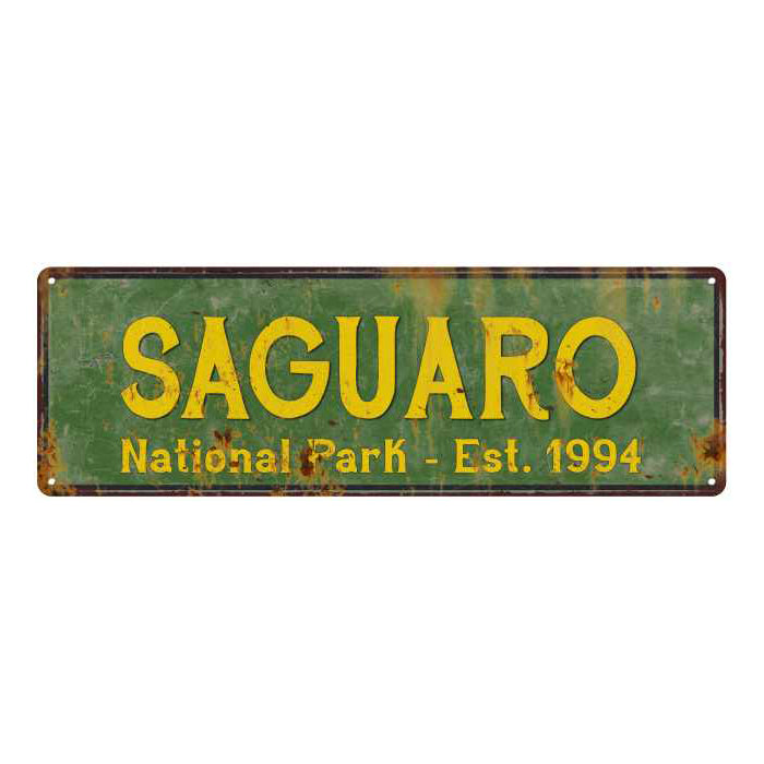 Saguaro National Park rustic metal sign with distressed vintage lettering, ideal for cabin or lodge wall decor