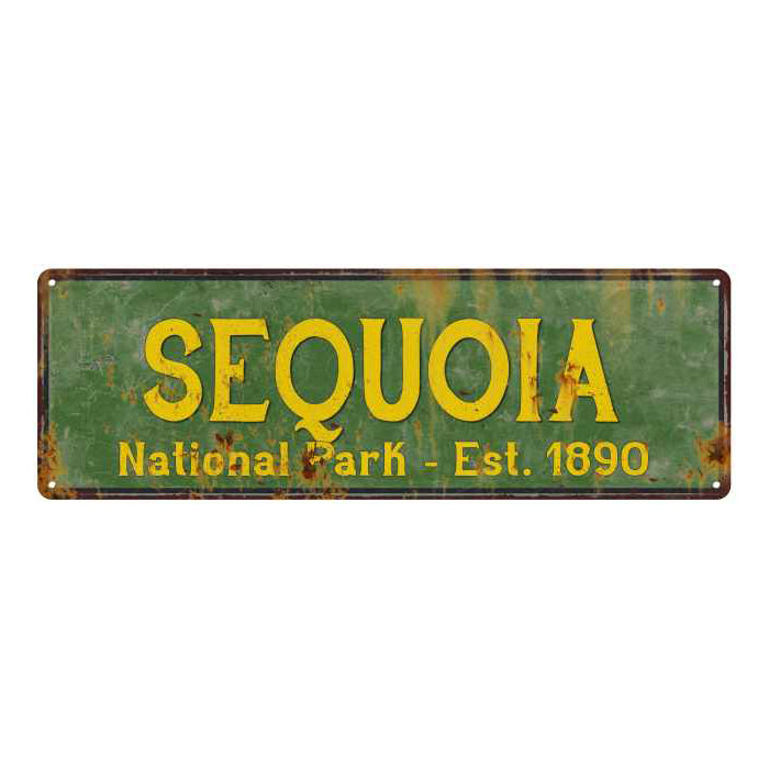 Sequoia National Park rustic metal sign with distressed vintage lettering, ideal for cabin or lodge wall decor