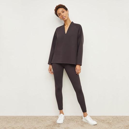 Front image of a woman standing wearing the Shawn Sweatshirt—Light Scuba in Haze | Lead