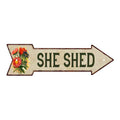 Vintage-style She Shed arrow metal sign with flowers, a rustic accent for she sheds, gardens and patios