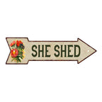 Vintage-style She Shed arrow metal sign with flowers, a rustic accent for she sheds, gardens and patios