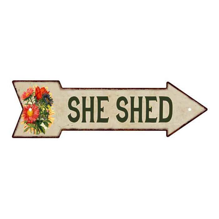 Vintage-style She Shed arrow metal sign with flowers, a rustic accent for she sheds, gardens and patios