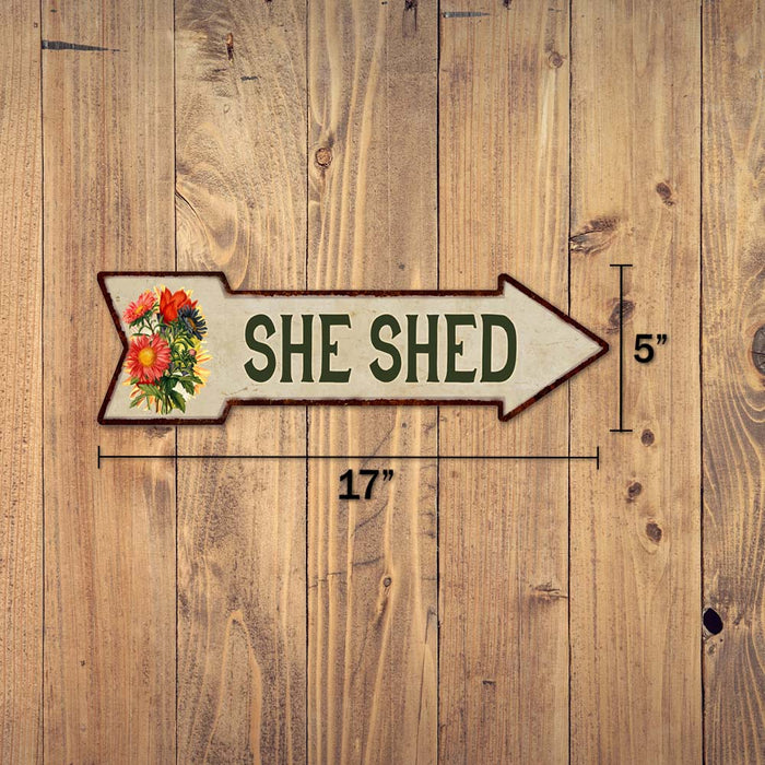 She Shed Metal Sign 5x17 Arrow Garden Flowers Gift Shed