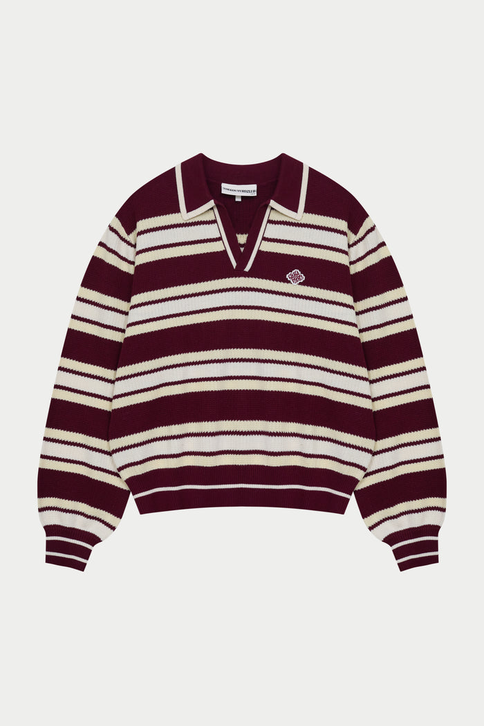 STRIPE KNITTED POLO SWEATSHIRT - BURGUNDY