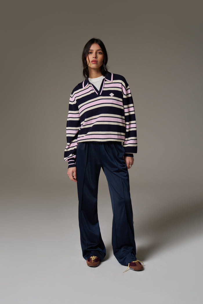 STRIPE KNITTED POLO SWEATSHIRT - NAVY