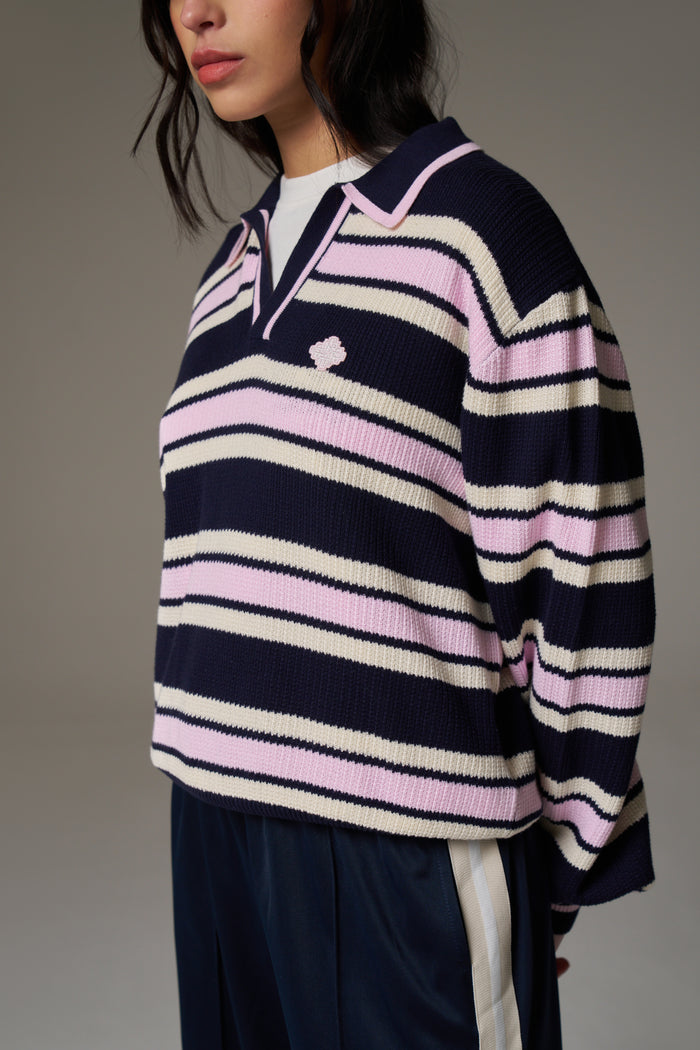 STRIPE KNITTED POLO SWEATSHIRT - NAVY