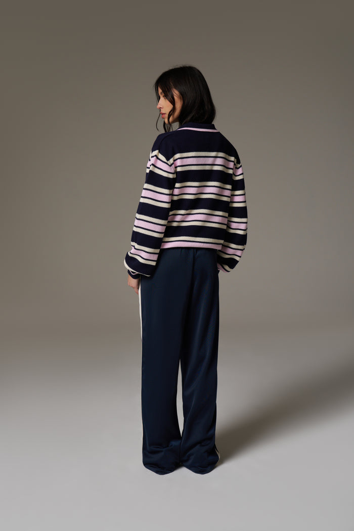 STRIPE KNITTED POLO SWEATSHIRT - NAVY