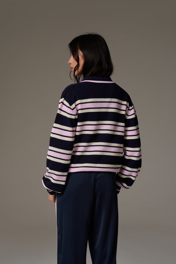 STRIPE KNITTED POLO SWEATSHIRT - NAVY