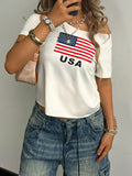 SXV American Flag Print Asymmetric Collar Short Sleeve T-Shirt