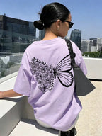 SXV Cute Pattern Butterfly Casual Vacation Style Loose Versatile Round Neck Short Sleeve T-Shirt