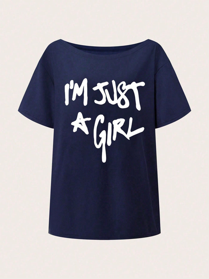 SXV Girly Off-Shoulder T-Shirt, Slogan Print Top, For Summer