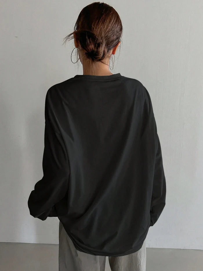 SXV Heart printed Women's Loose Solid Color Round Neck Long Sleeve Long T-Shirt