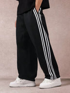 SXV Men's Black Track Pants with White Side Stripes, Wide Leg, Drawstring Waist