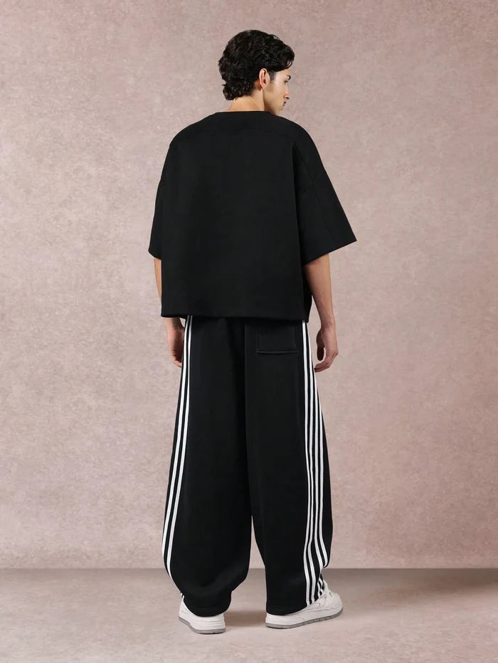SXV Men's Black Track Pants with White Side Stripes, Wide Leg, Drawstring Waist