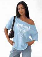 SXV NIRVANA SKY Print Casual Loose Fit One Shoulder T-Shirt For Women