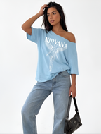 SXV NIRVANA SKY Print Casual Loose Fit One Shoulder T-Shirt For Women