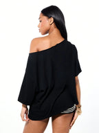 SXV Off Shoulder Graphic T Shirt With Girl Kisser Print