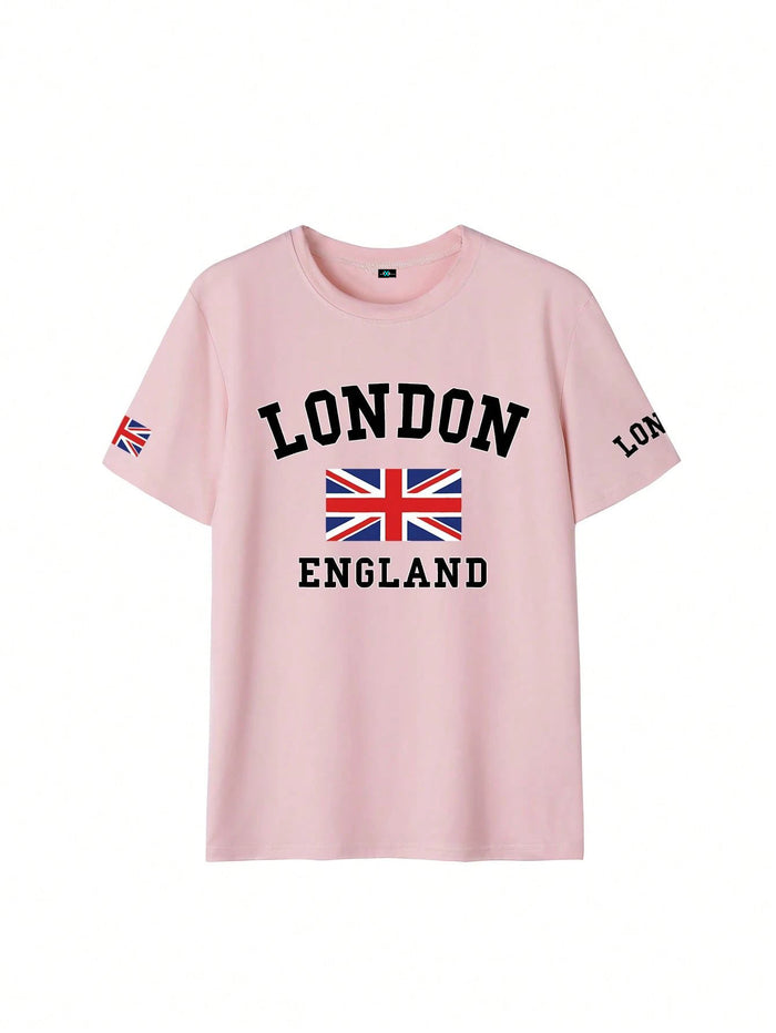 SXV Summer London Letter Print Cheongsam Pattern Round Neck Short Sleeve T-Shirt