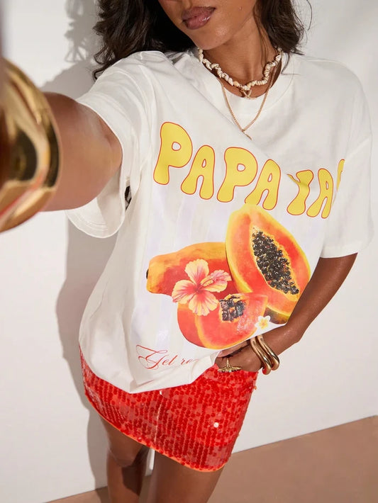 SXV White Tropical Fruit Print T-Shirt, Casual Beach Holiday Wear