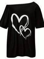 SXV Women's Asymmetrical Neckline Heart Print T-Shirt Graphic