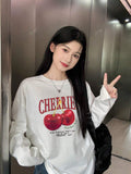 SXV Women's Casual Loose Fit Letter & Cherry Print Round Neck Long Sleeve Cotton T-Shirt, Fashion & Versatile, Spring