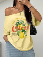 SXV Women's Loose Yellow T-Shirt, Off-Shoulder Fruit Lemon Beach Style