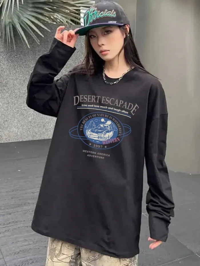 SXV Women's Oversized Round Neck Casual Versatile Kawaii Print Long Sleeve T-Shirt Top, Spring