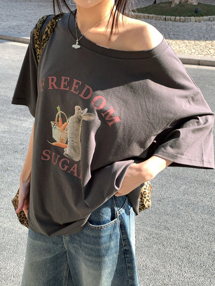 SXV Women's Summer Loose Fit Asymmetrical Shoulder Floral Print T-shirt