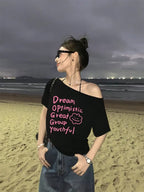 SXV Y2K Print Dream Off-Shoulder Short-Sleeve T-Shirt