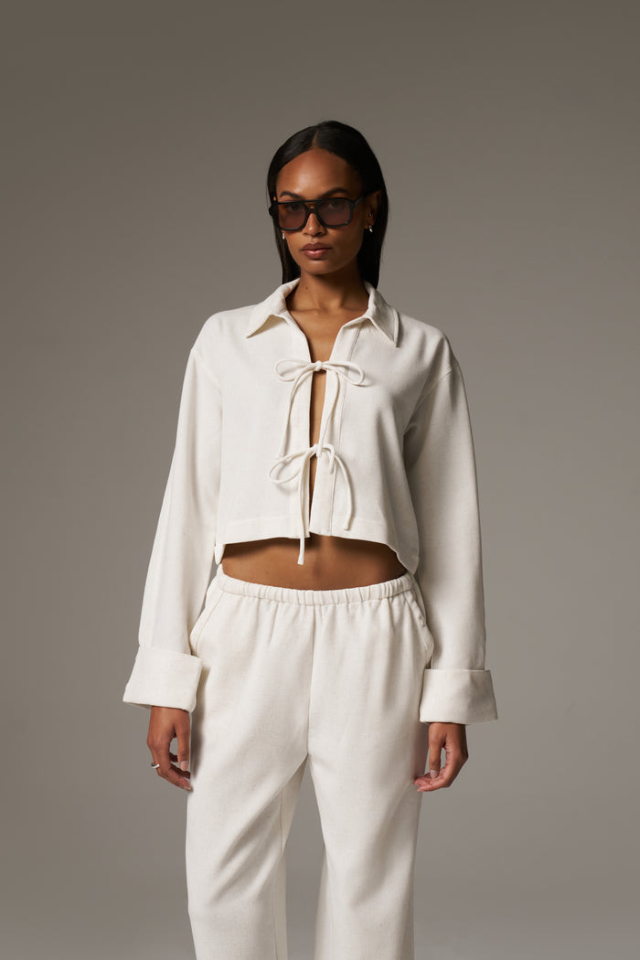 TEXTURED LINEN TIE FRONT SHIRT - BEIGE