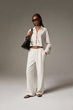 TEXTURED LINEN TIE FRONT SHIRT - BEIGE