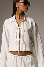 TEXTURED LINEN TIE FRONT SHIRT - BEIGE