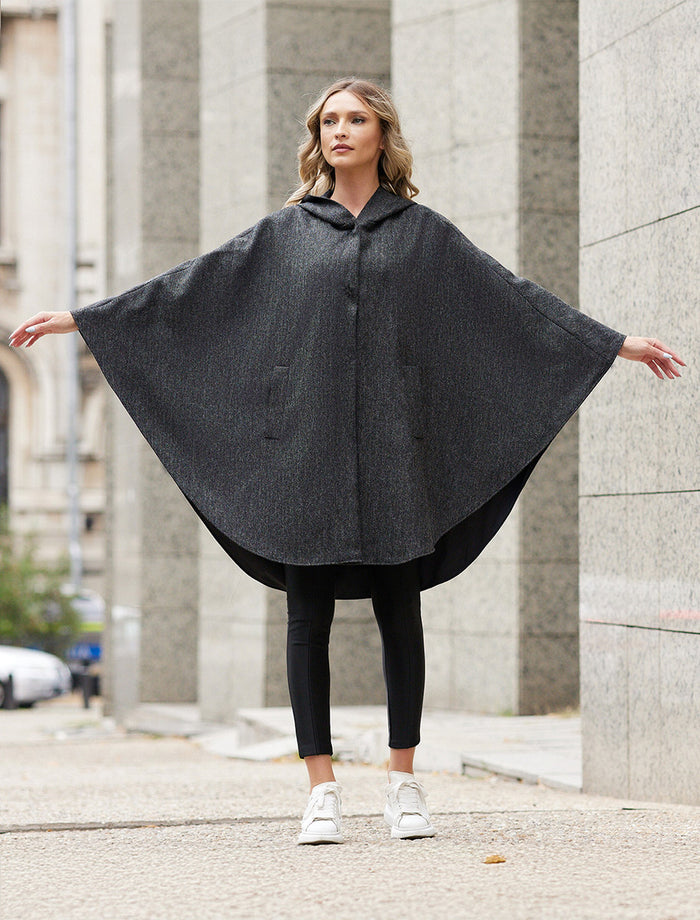Wool Tweed Hooded Cape - Dark Grey #color_dark-grey
